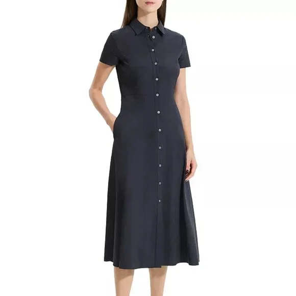 Theory | Dresses | Theory Black Short Sleeve Button Down Linen Midi Shirt  Dress Size 4 Nwt | Poshmark